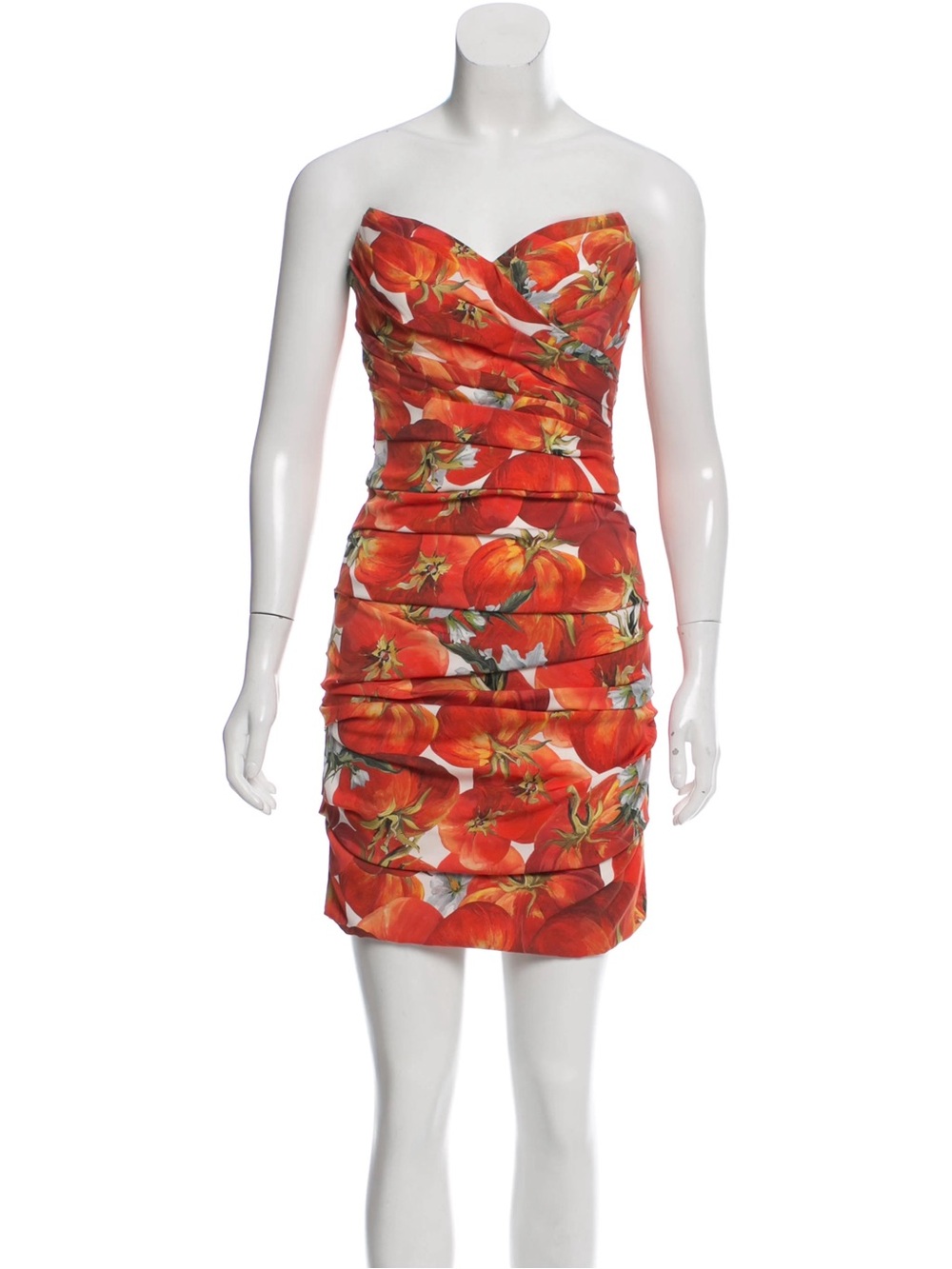 Vintage Dolce & Gabbana Strapless Red Ruched Mini Dress with Tomato Print